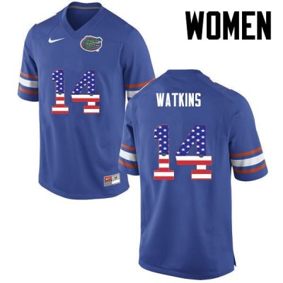 Women's Florida Gators #14 Jaylen Watkins NCAA Nike Blue USA Flag Fashion Authentic Stitched College Football Jersey YXB8562EJ